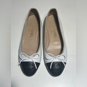 CHANEL Black and White Flats with Bow